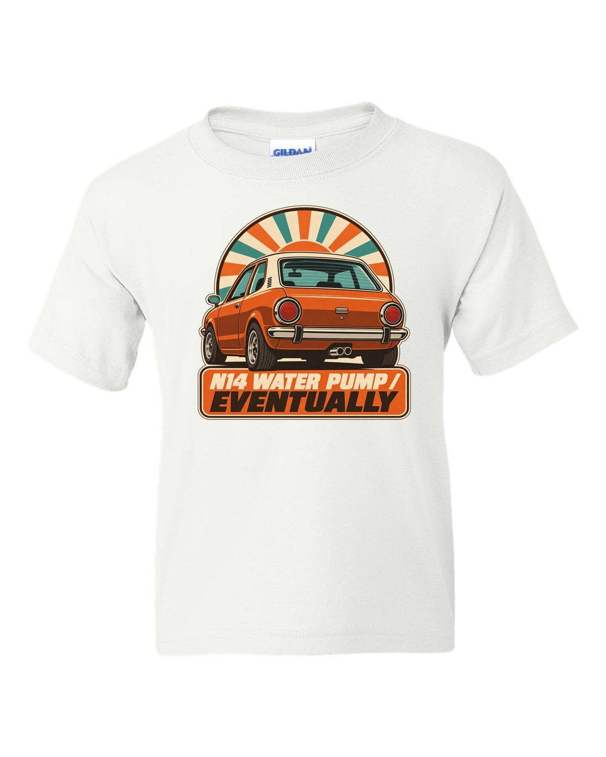 1970s catalogue-style ad of a Mini Cooper S R56 with N14 water pump text white kids tee front view with the design
