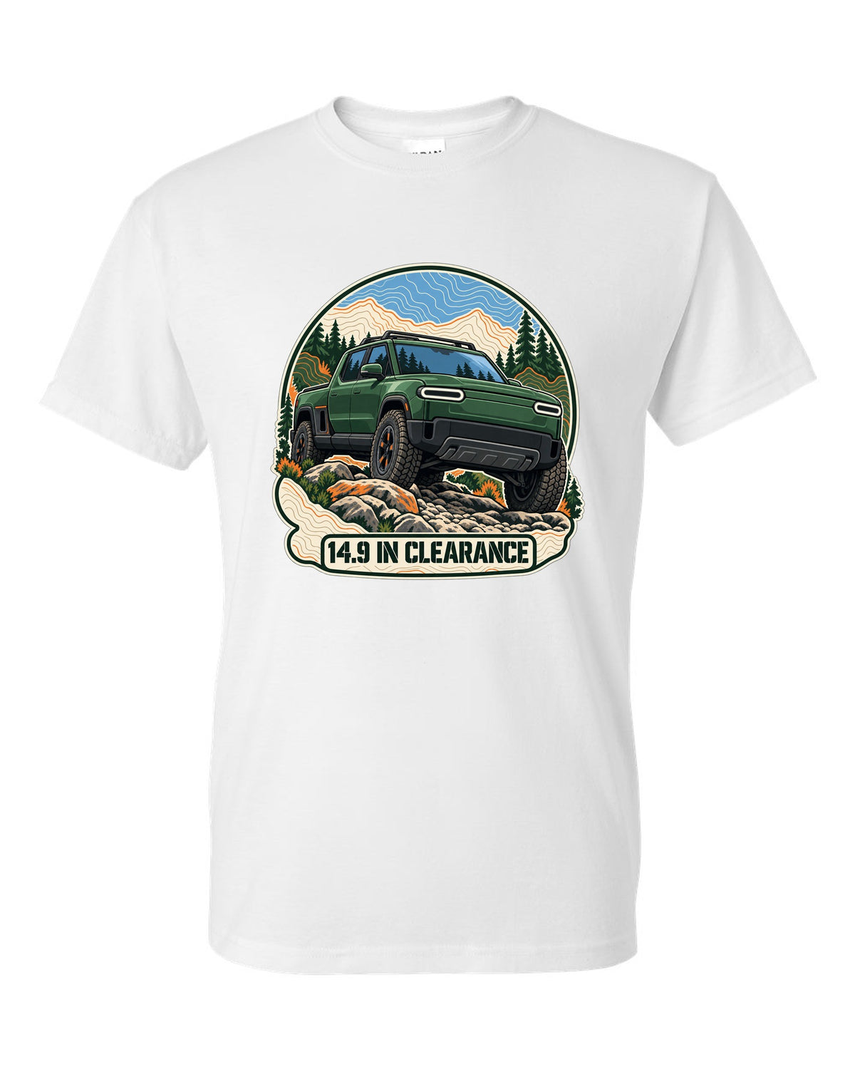 Topographic contour map illustration print of a Rivian R1T reading 14.9 In Clearance white t-shirt front view with the design