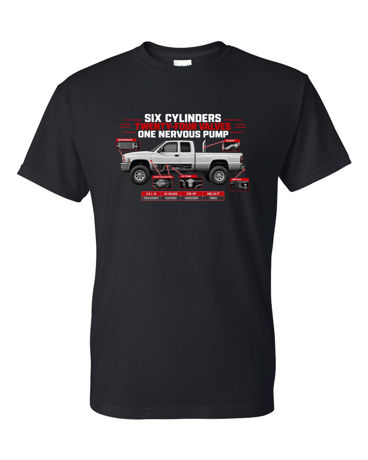 Spec poster of a 1998.5-2002 Ram 2500 5.9 24V with six cylinders, twenty-four valves, one nervous pump black t-shirt front view with the design