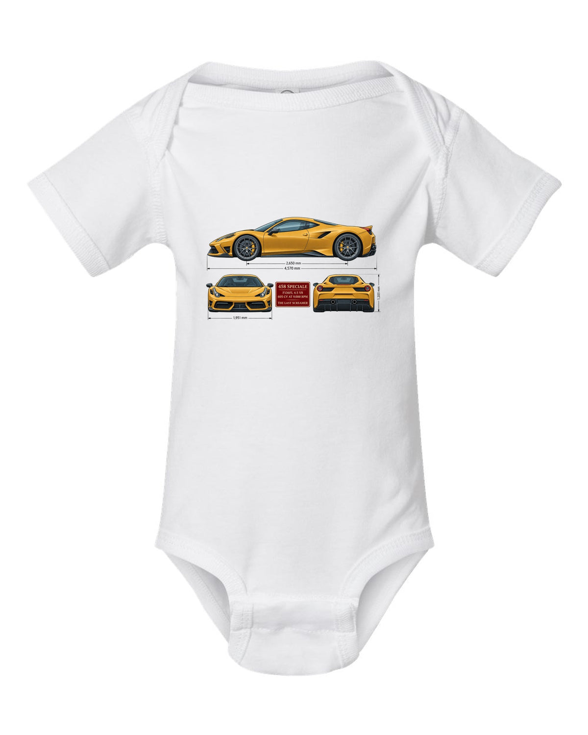 Three-view spec table print of the Ferrari 458 Speciale in ochre white baby onesie front view with the design
