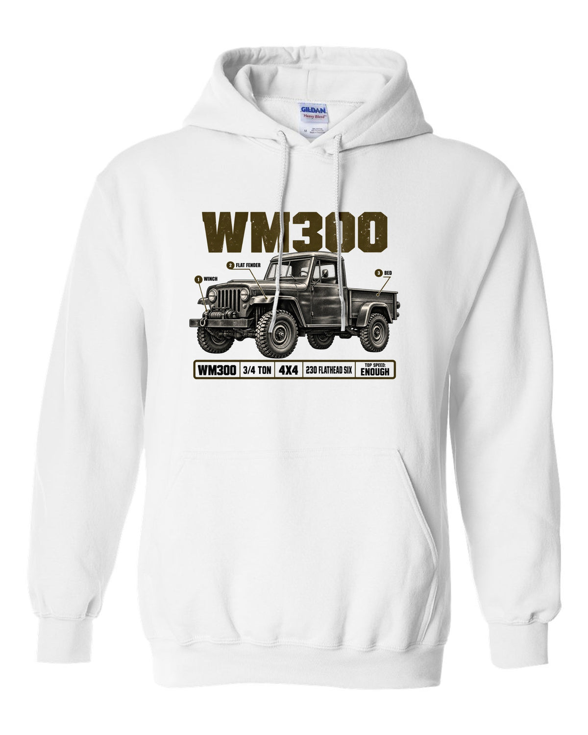 Spec poster print of a 1960-1971 Dodge Power Wagon WM300 flat fender truck white pull over hoodie front view with the design