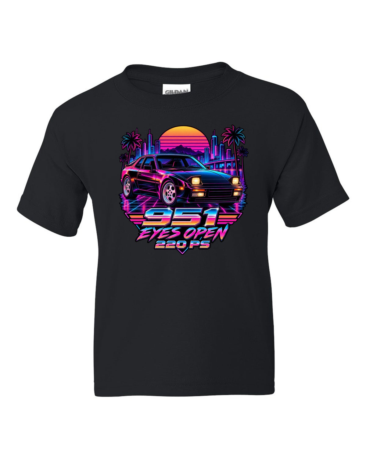 Synthwave neon Porsche 944 Turbo 951 with pop-up headlights open black kids tee front view with the design
