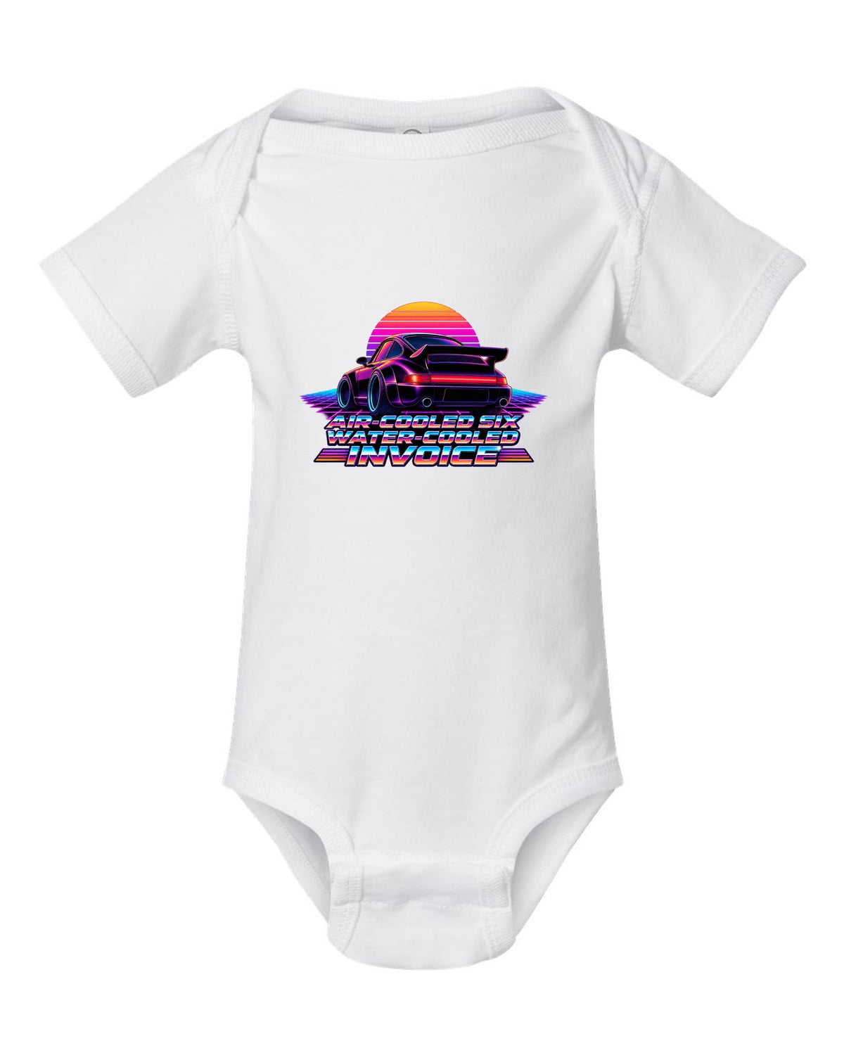 Synthwave gradient print of a Porsche 911 Turbo 964 with air-cooled six water-cooled invoice lettering white baby onesie front view with the design