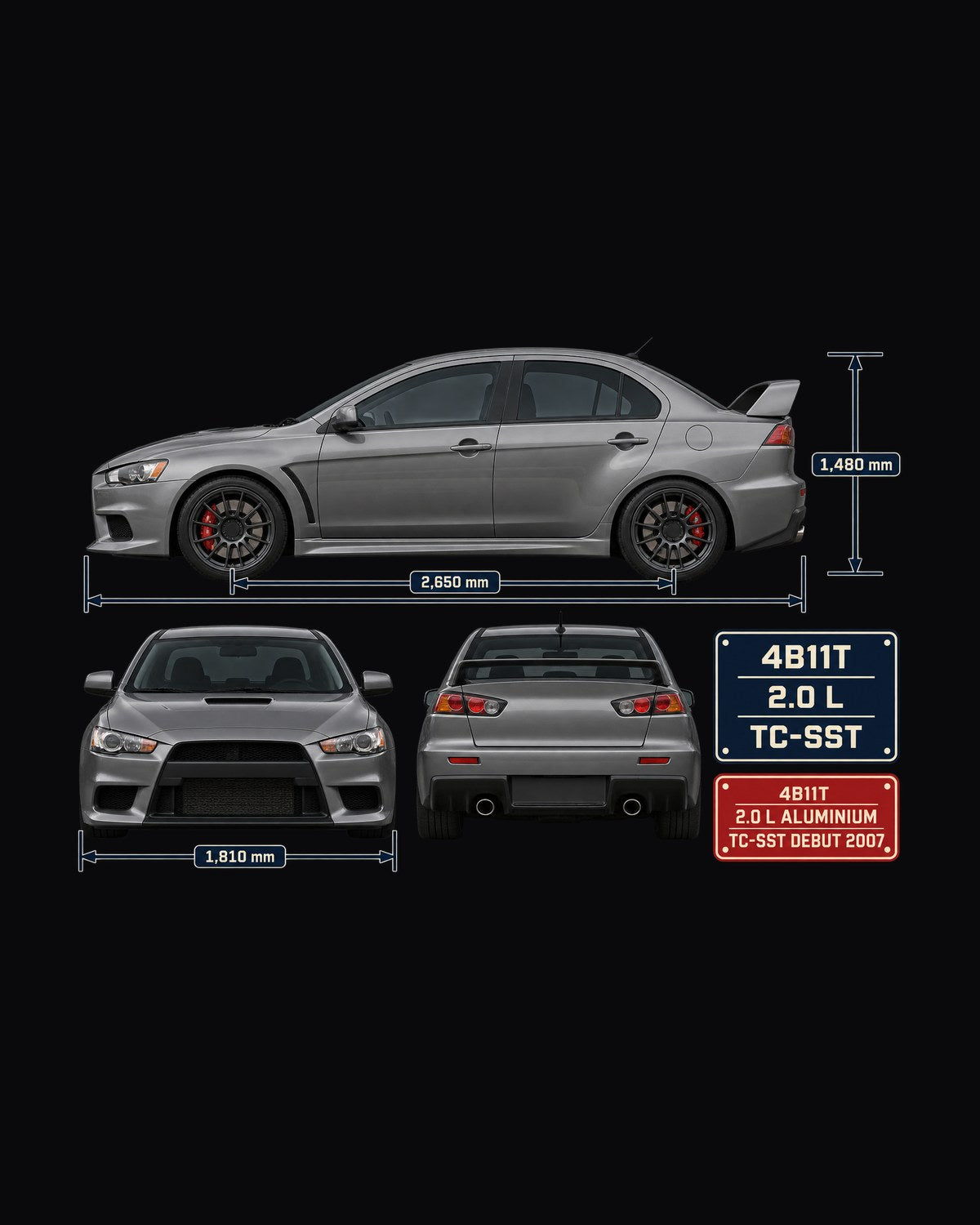Evo X GSR Three-View Spec Table Tee, Mitsubishi Lancer design only