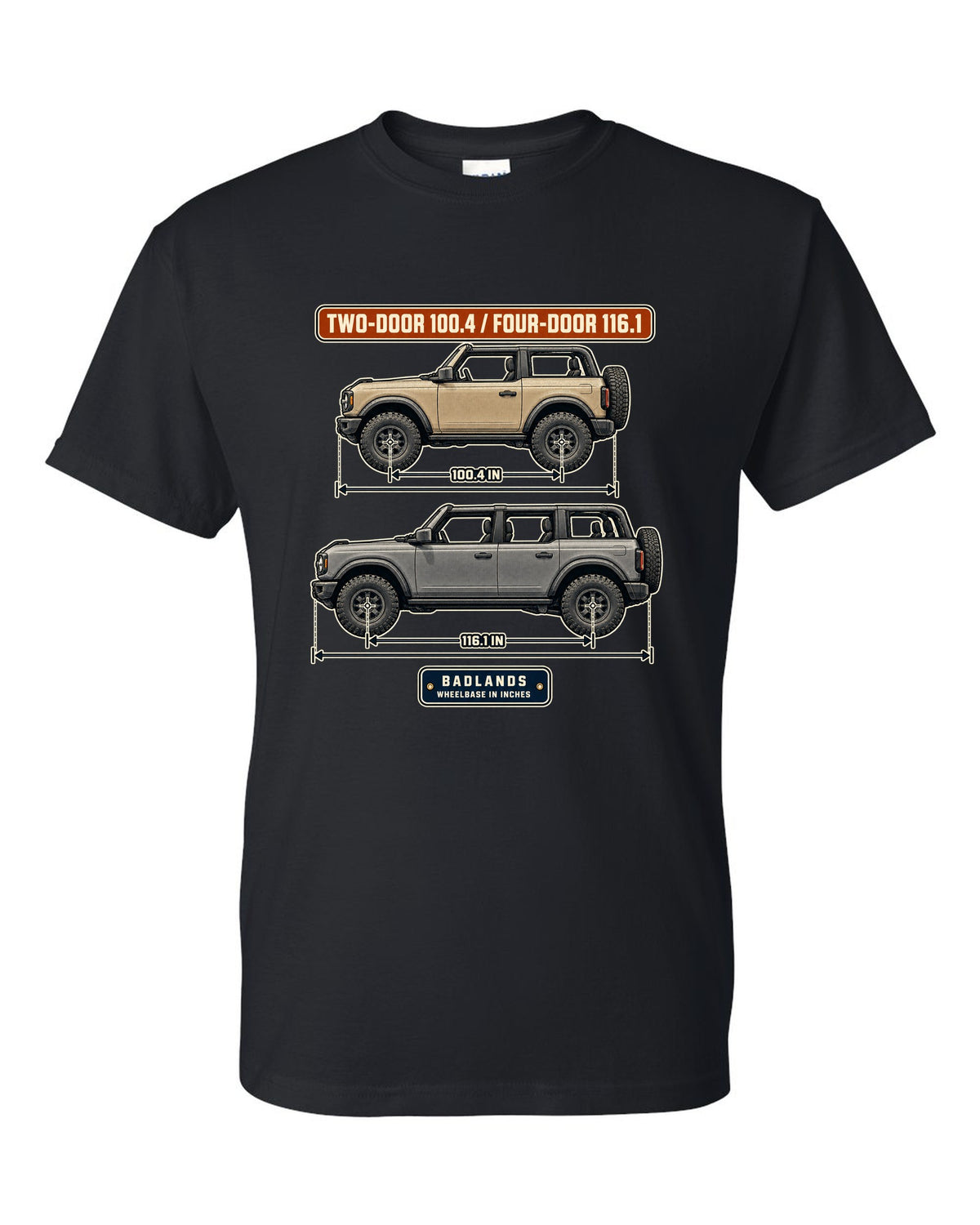Ford Bronco Badlands two-door and four-door wheelbase blueprint print black t-shirt front view with the design