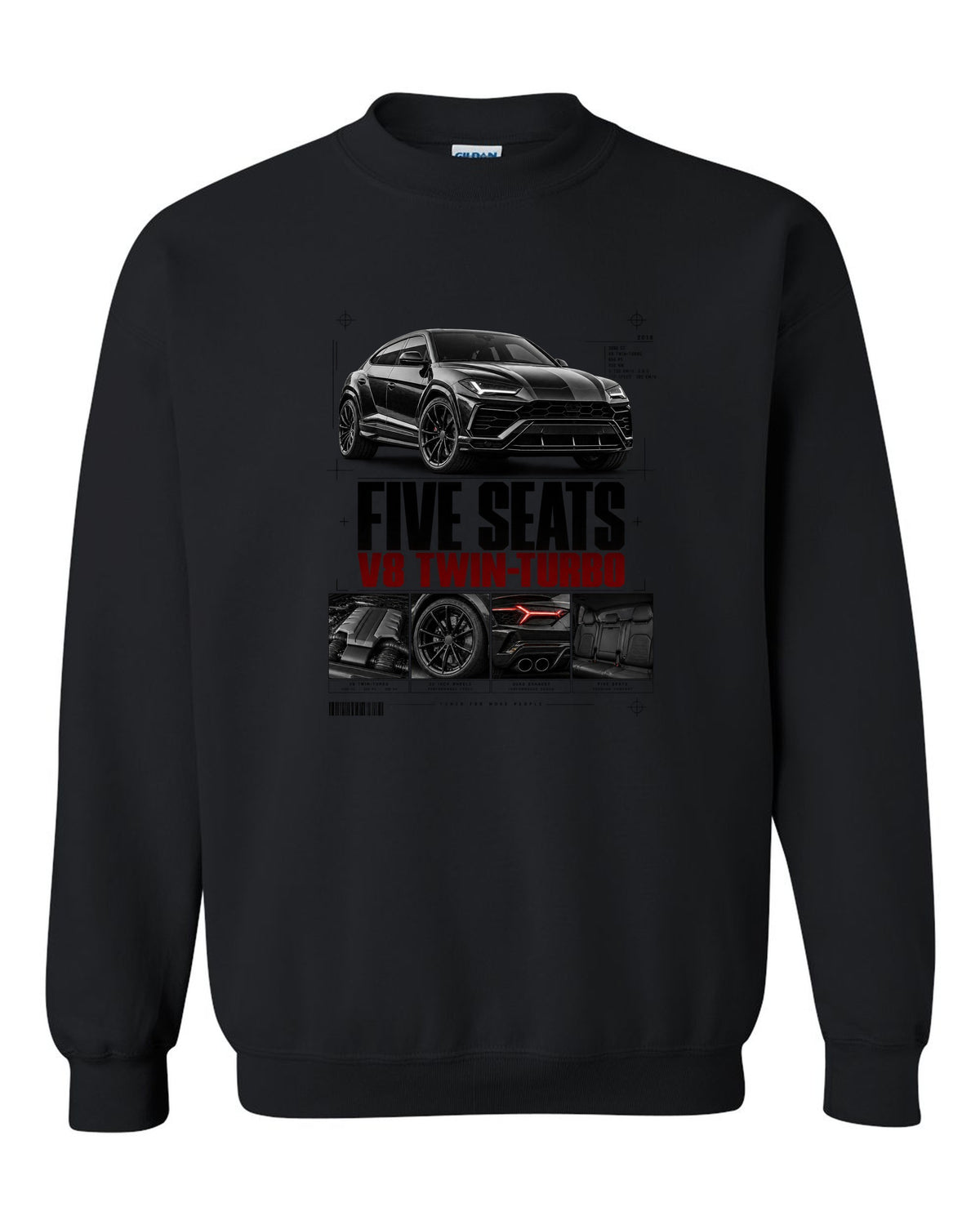 Lamborghini Urus 2018 dossier panel print: five seats, V8 twin-turbo black crewneck front view with the design