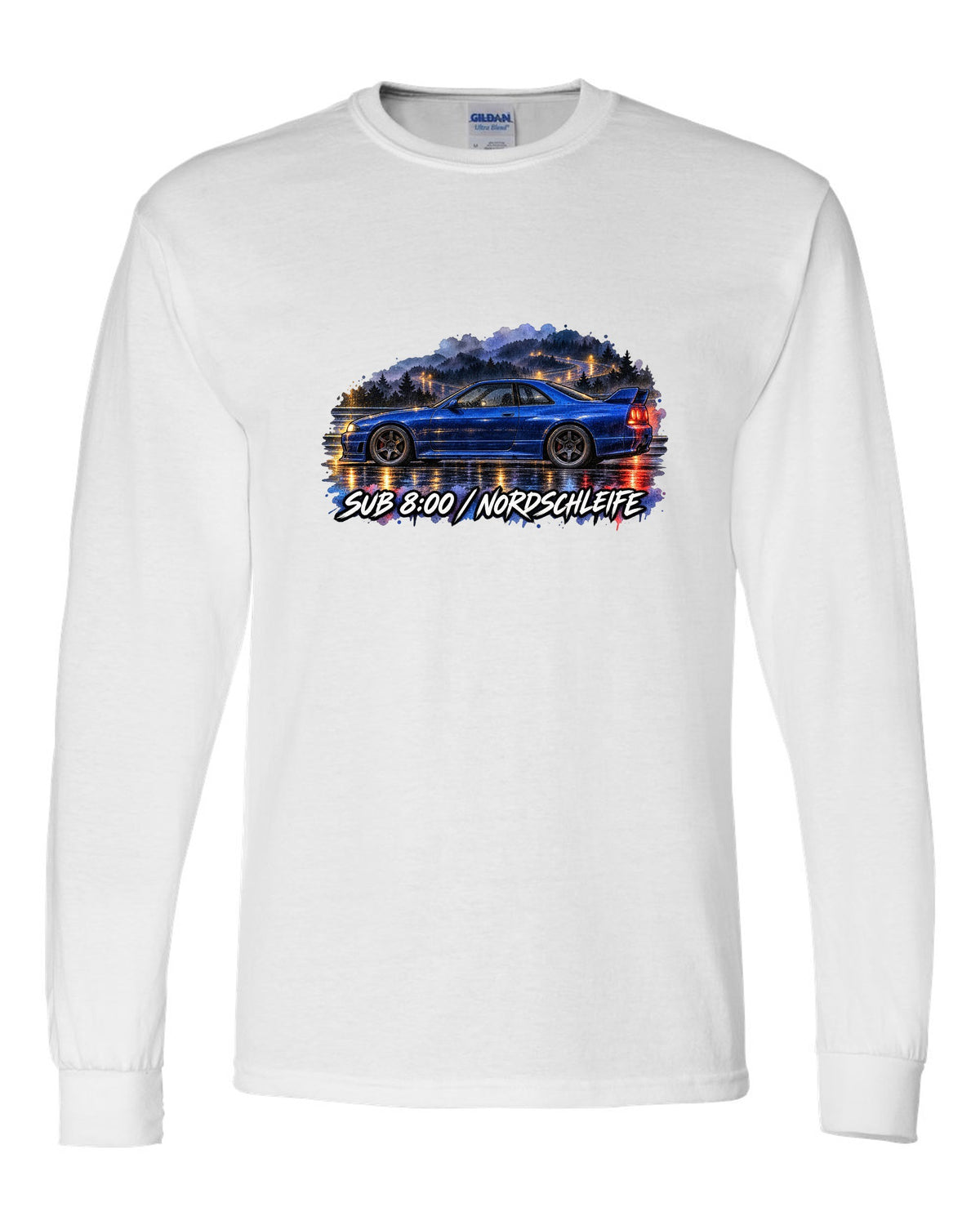Watercolour wet-road night print of a Champion Blue Nissan Skyline GT-R R33 BCNR33 white long sleeve front view with the design