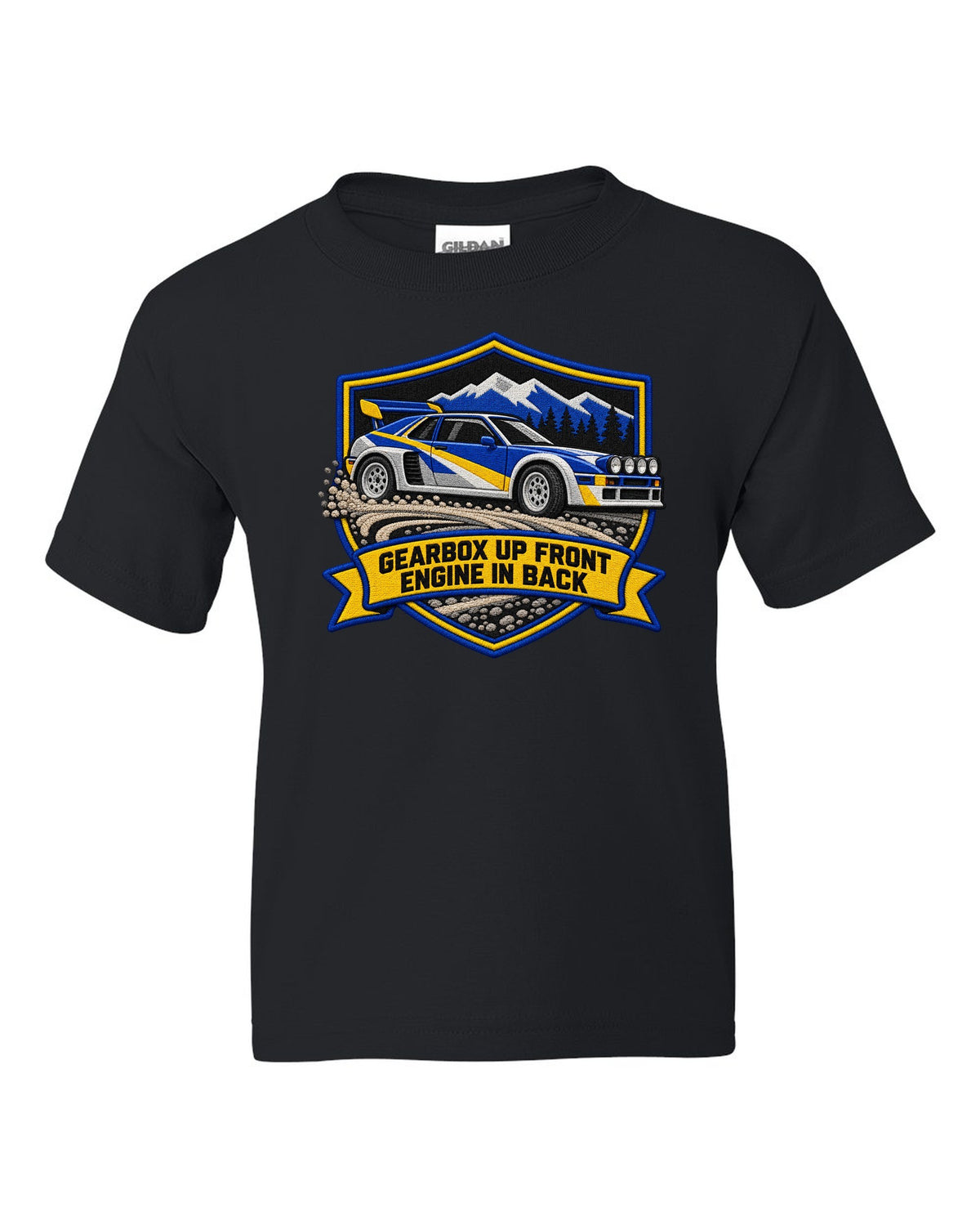 Varsity crest print of the Ford RS200 with gearbox up front, engine in back text black kids tee front view with the design