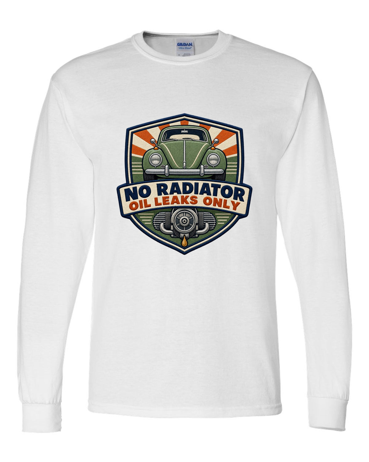 Shield crest for the VW Beetle Type 1 1303 reading no radiator, oil leaks only white long sleeve front view with the design
