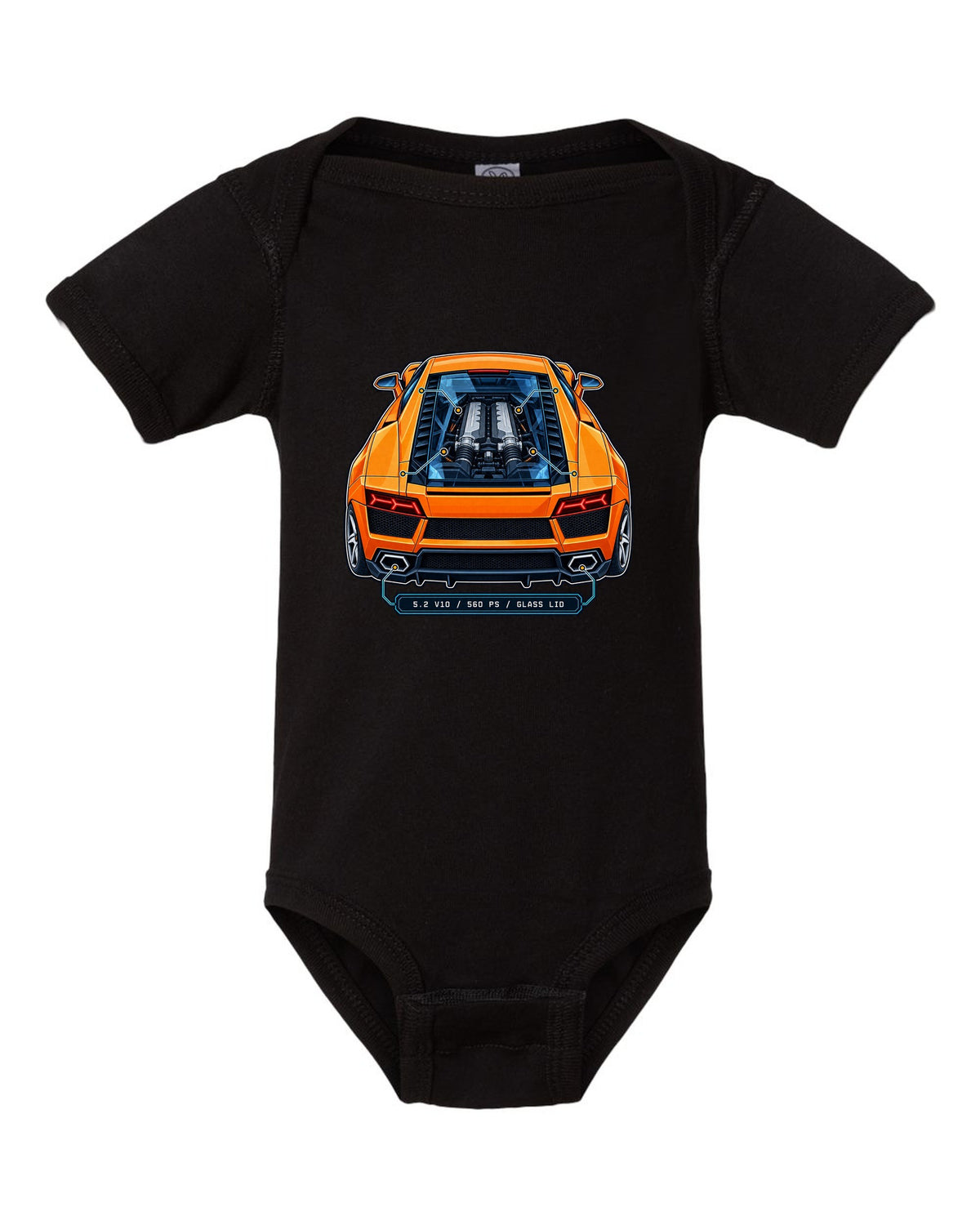 Patent-style technical drawing of a Lamborghini Gallardo LP560-4 with V10 under glass black baby onesie front view with the design