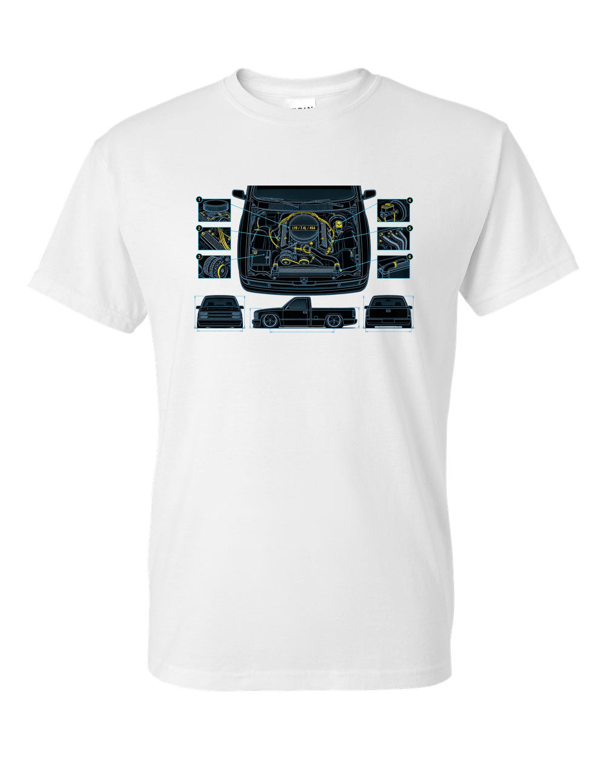 Technical blueprint print of the engine bay on a 1990-93 Chevrolet 454 SS pickup with L19 7.4L 454 text white t-shirt front view with the design