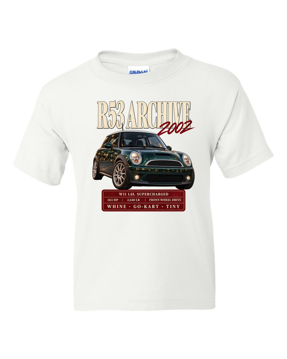 Mini Cooper S R53 archive panel with W11 supercharged engine specs white kids tee front view with the design