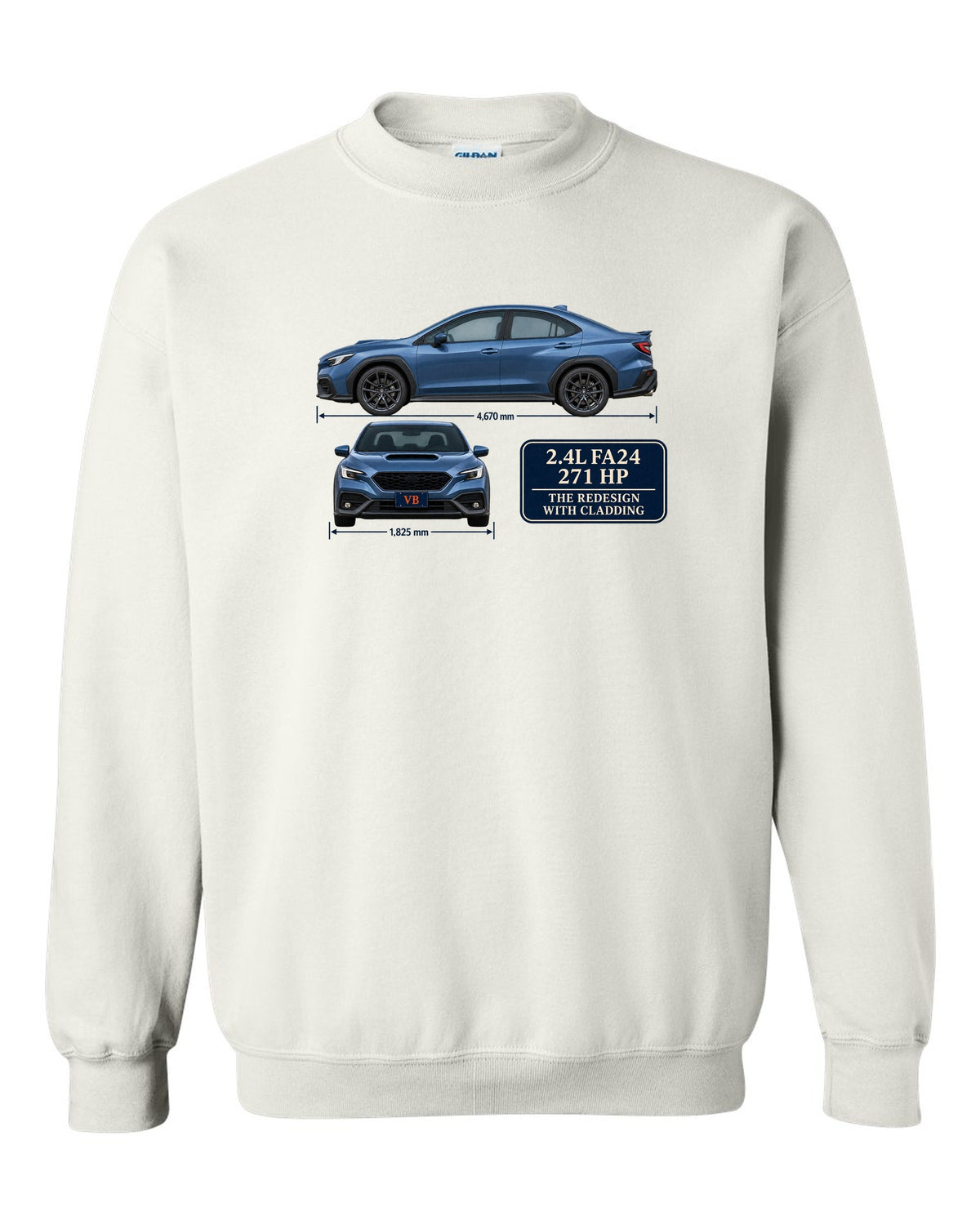 Subaru WRX VB sedan in rally blue-grey with editorial headline white crewneck front view with the design