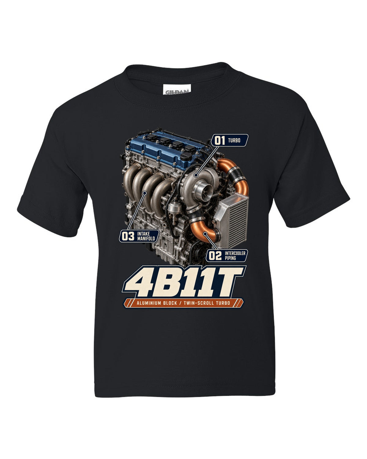 Mitsubishi Lancer Evolution X 4B11T engine bay poster print black kids tee front view with the design