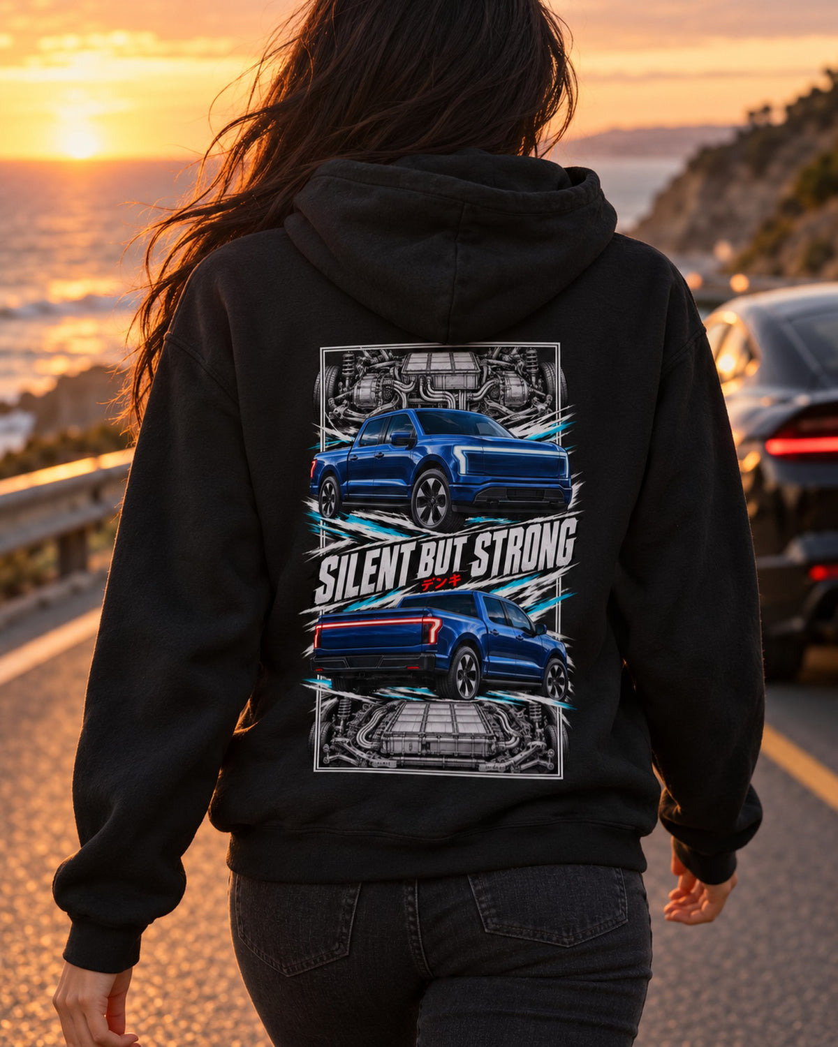 Ford F-150 Lightning Torn Poster Full-Back Graphic Tee Pull Over Hoodie Black worn hero