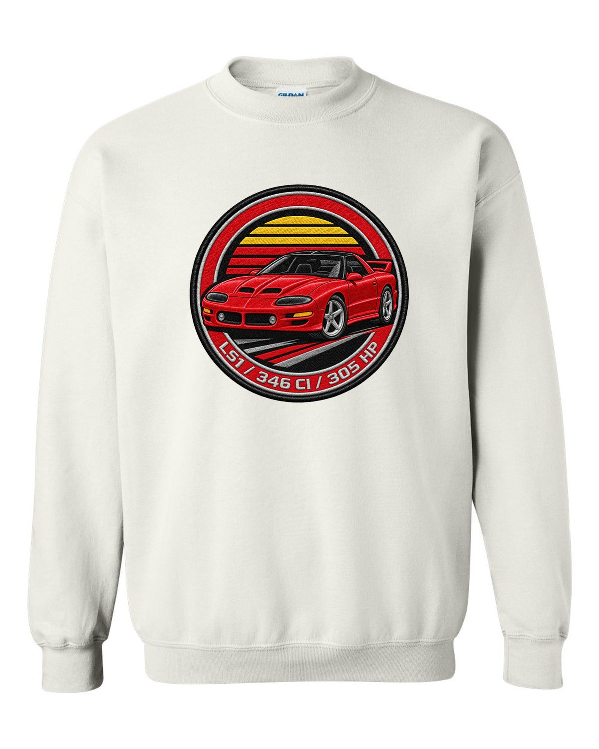 1998 Camaro SS fourth-generation in an embroidery round crest with text LS1 346 CI 305 HP white crewneck front view with the design