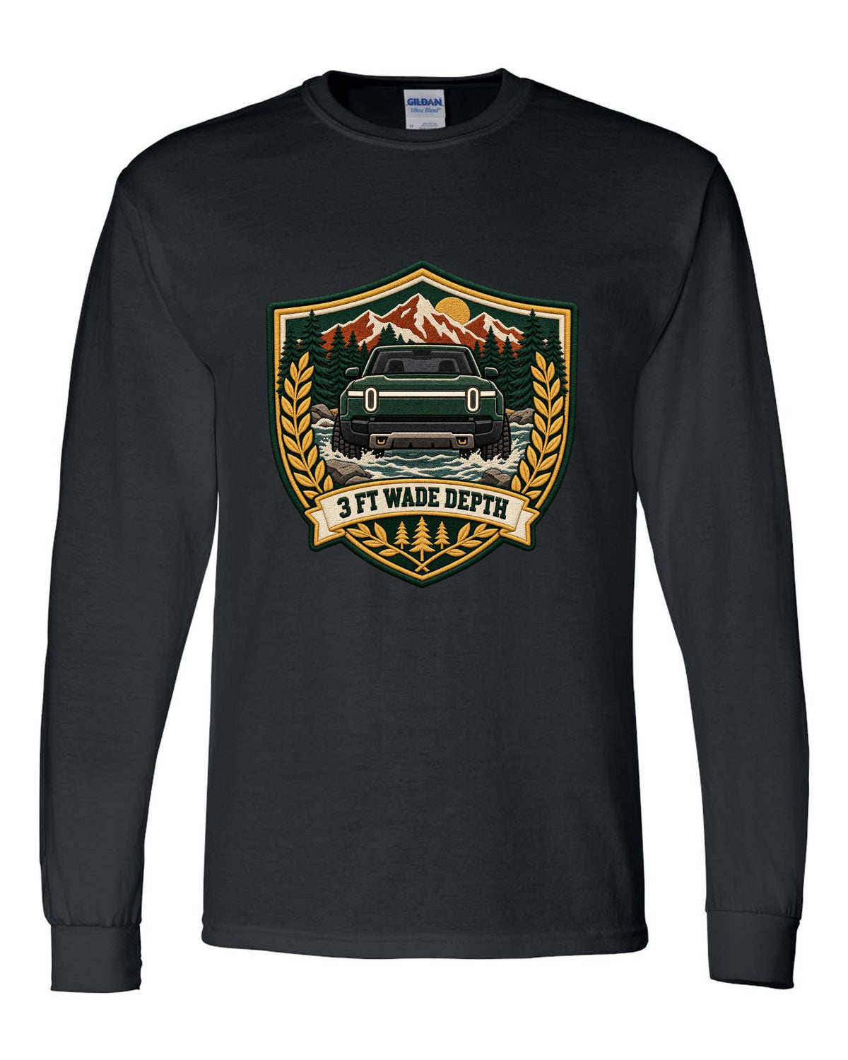 Rivian R1T varsity shield crest print with the text 3 ft wade depth black long sleeve front view with the design