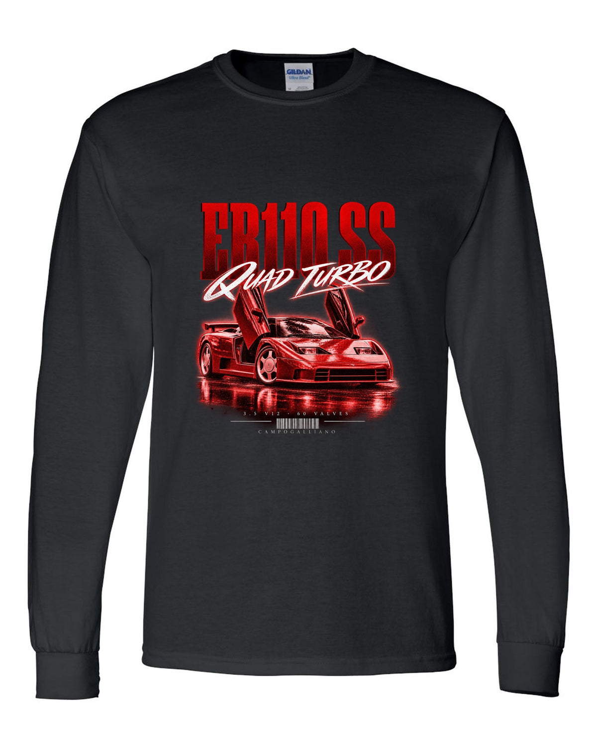 Bugatti EB110 SS 1992 street poster with quad turbo V12 text black long sleeve front view with the design