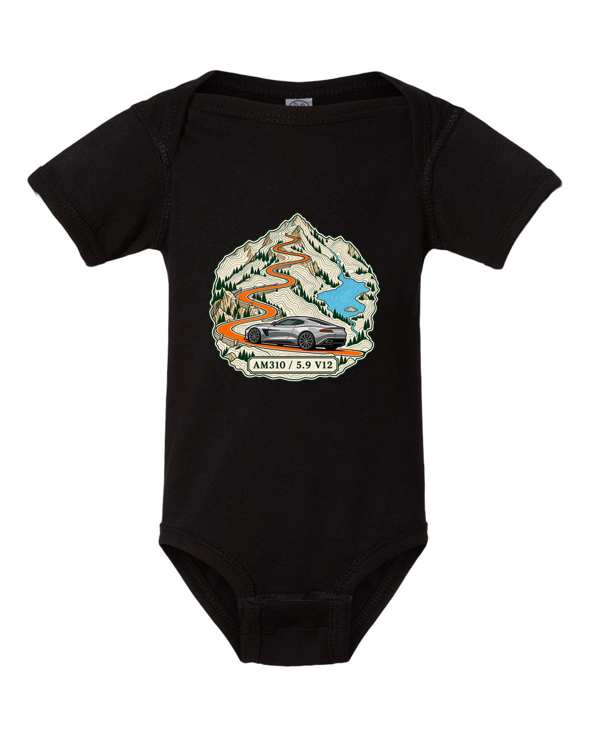 Topographic ridge route map print for the 2012 Aston Martin Vanquish AM310 with 5.9 V12 lettering black baby onesie front view with the design