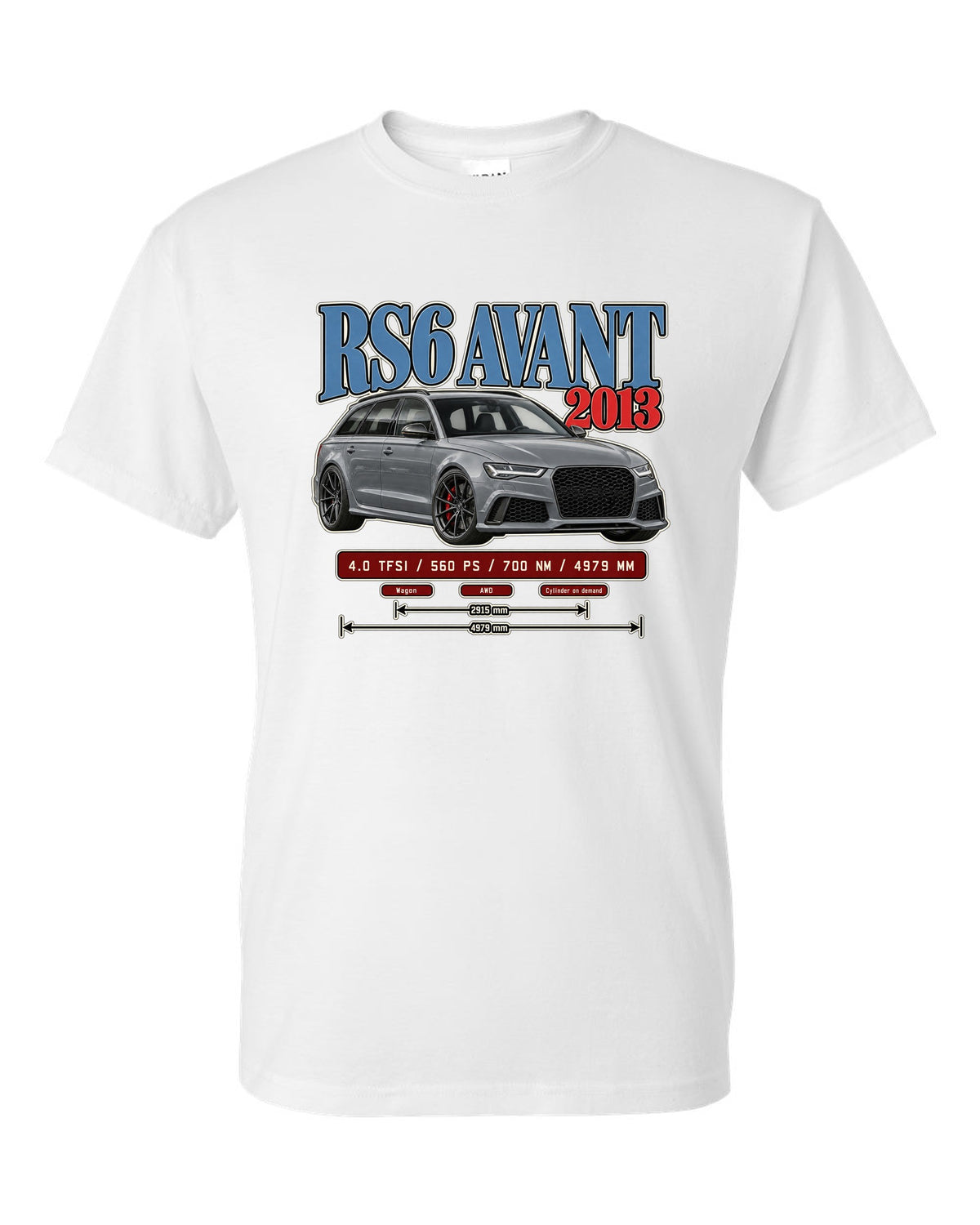Audi RS6 Avant C7 2013 archive panel print white t-shirt front view with the design