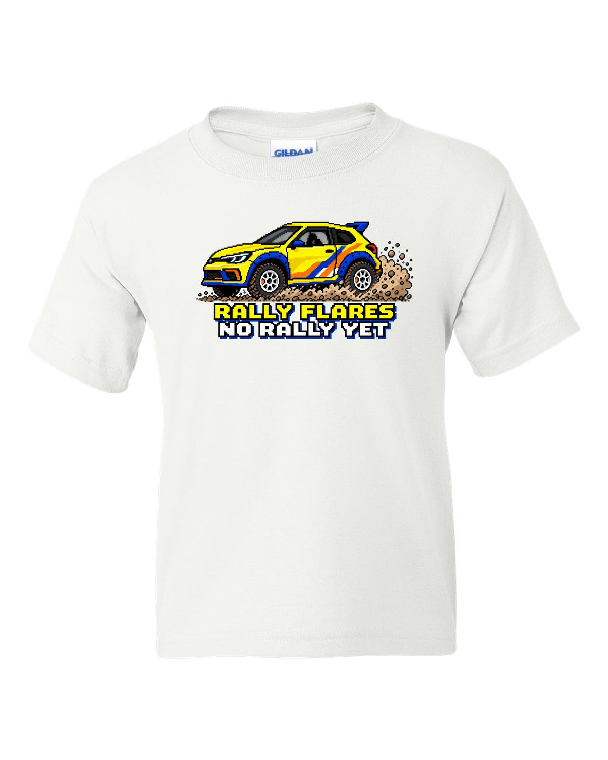 Rivian R3X 16-bit pixel art gravel slide print with the text rally flares no rally yet white kids tee front view with the design