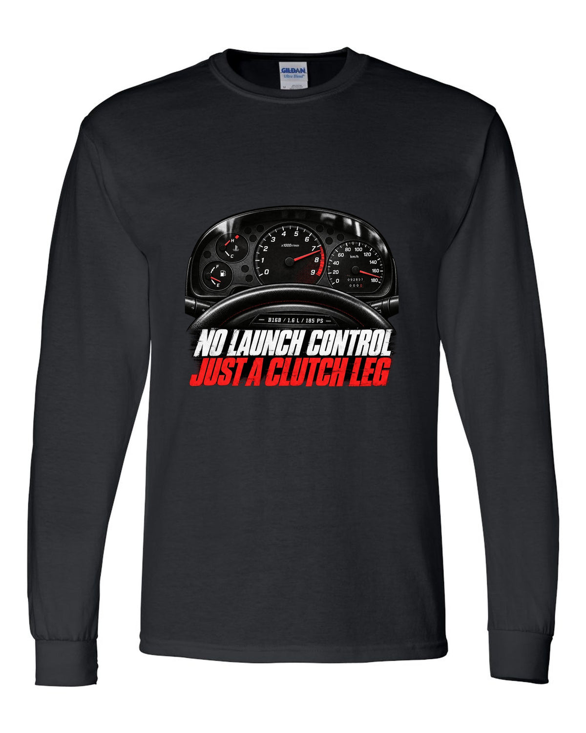 Cockpit gauge print of a 1997 Honda Civic EK9 chback with clutch leg text black long sleeve front view with the design