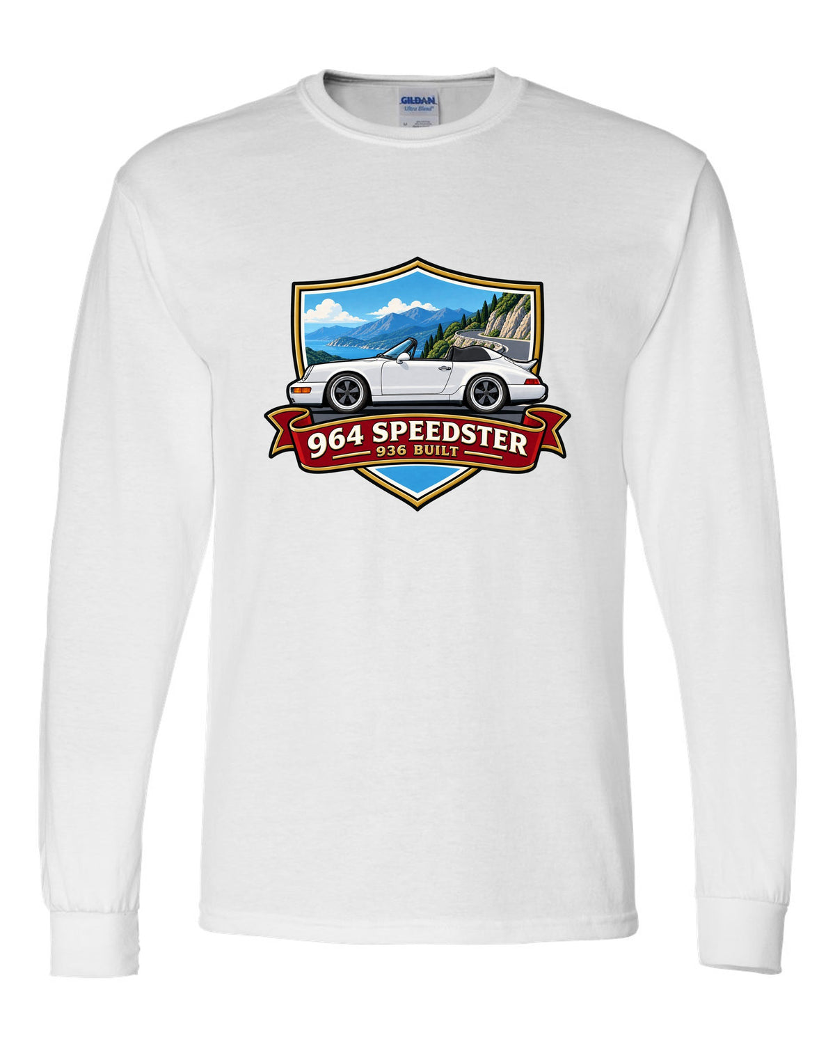 Shield crest design for the Porsche 964 Speedster with 936 built lettering white long sleeve front view with the design