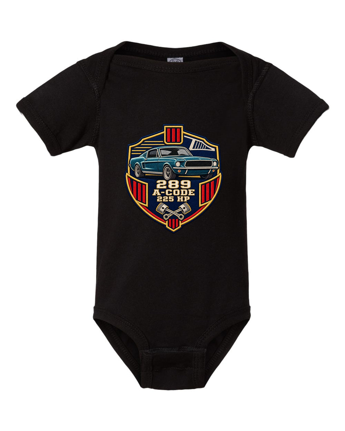 Embroidery-style varsity crest print for a 1967 Ford Mustang fastback A-Code 289 black baby onesie front view with the design