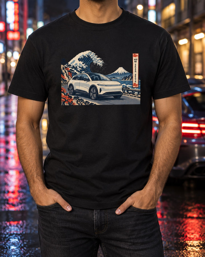 Lucid Gravity Ukiyo-e Woodblock Shirt, Seven Seat SUV Tee T-Shirt Black worn hero