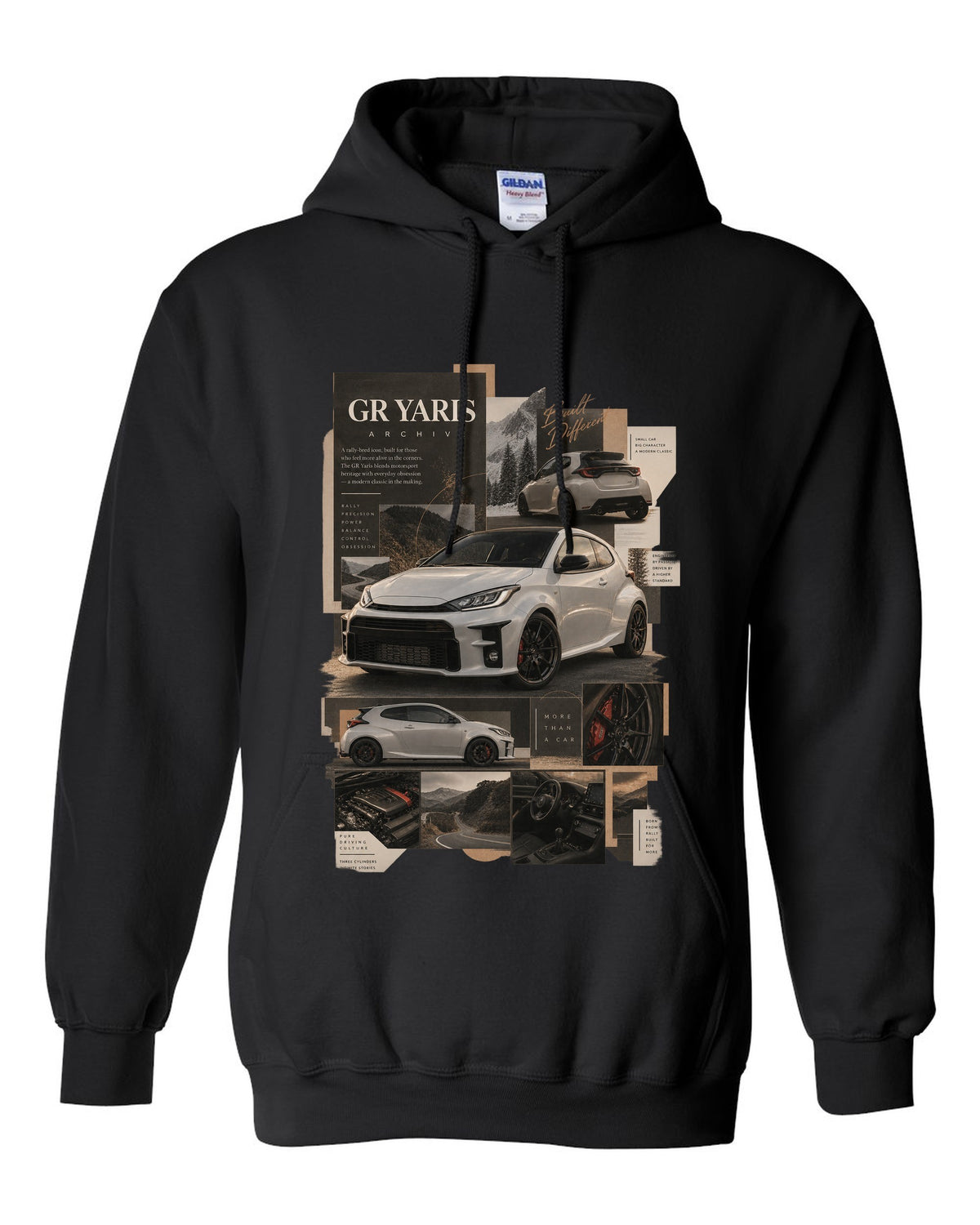 Three-view spec sheet of the Toyota GR Yaris XP210 three-door black pull over hoodie front view with the design