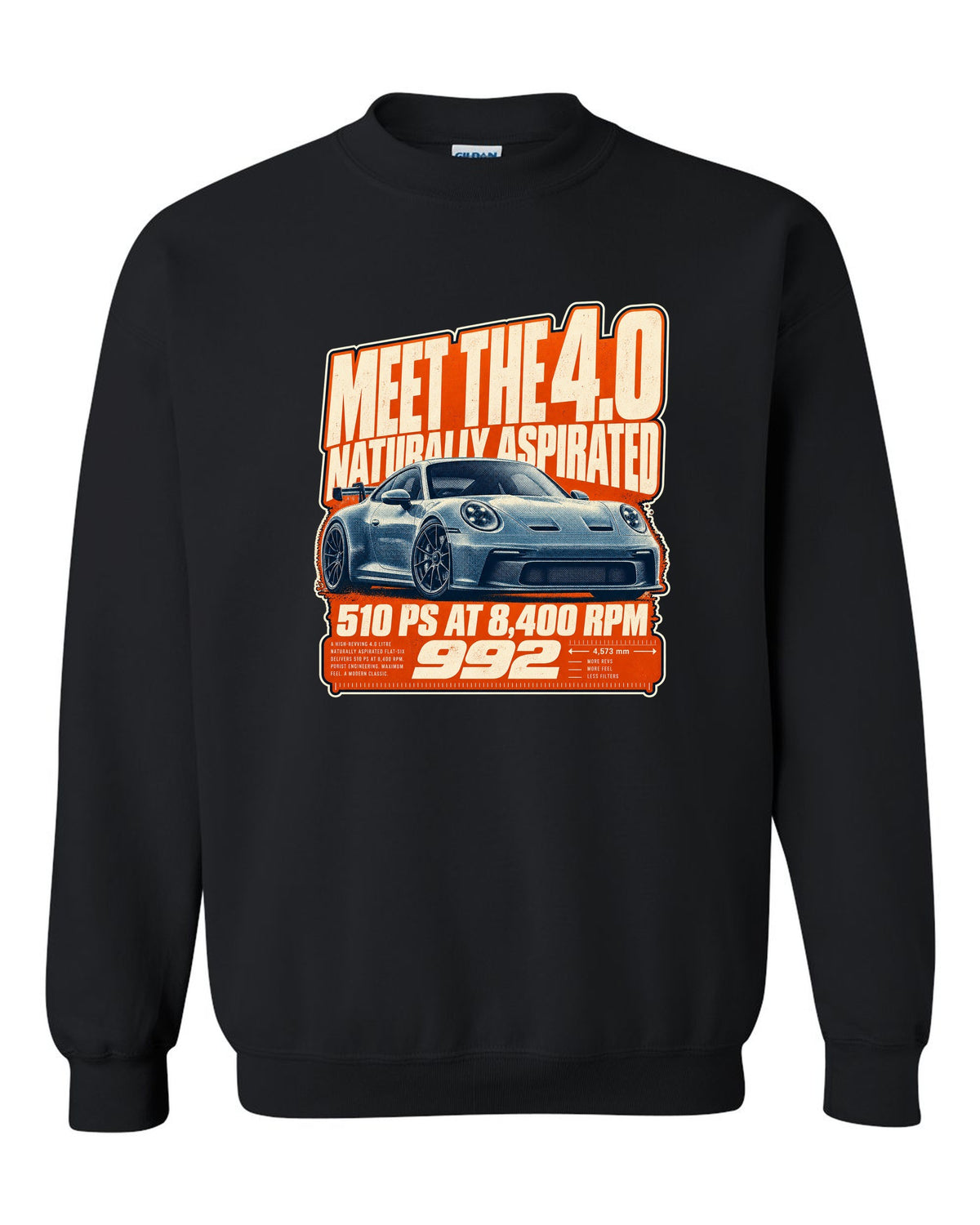 Porsche 992 GT3 halftone statement print design black crewneck front view with the design