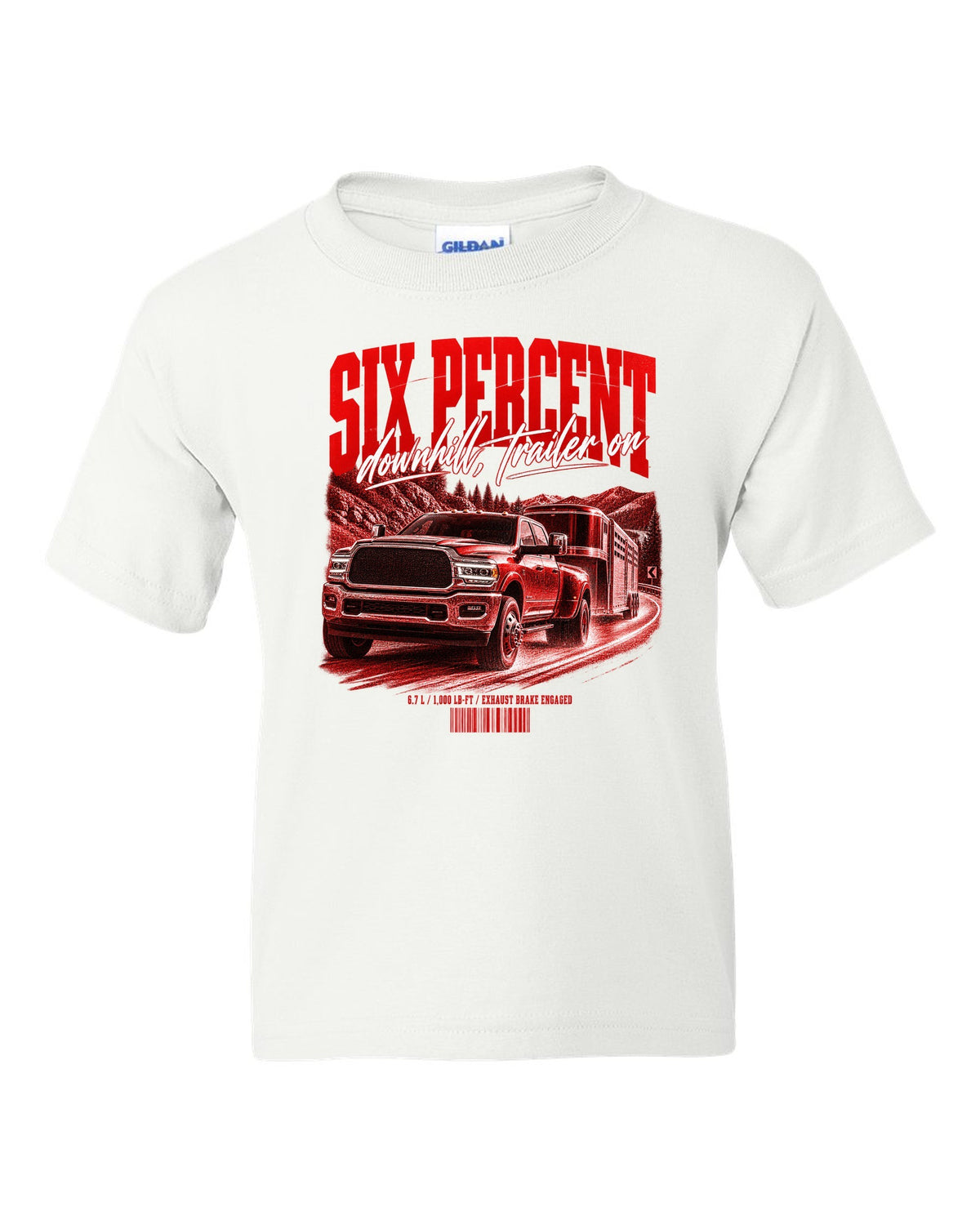 Street poster of a 2019-2024 Ram 3500 towing a trailer with the text Six percent, downhill, trailer on white kids tee front view with the design