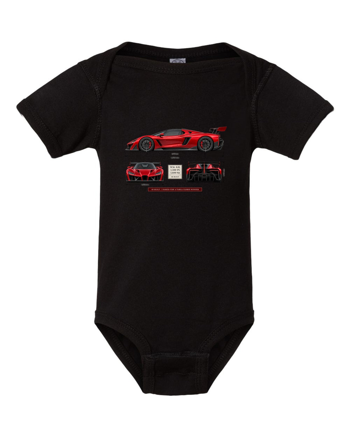 Bugatti Divo three-view print with spec table, 40 built black baby onesie front view with the design