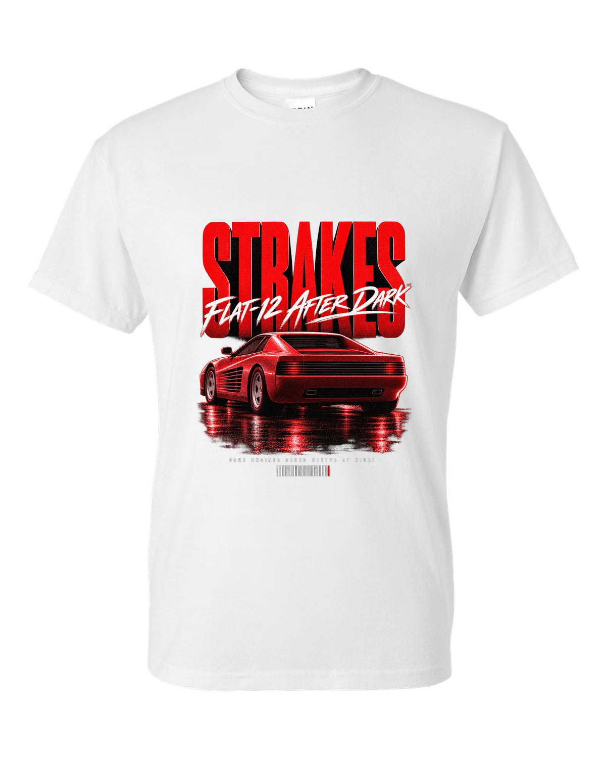 Street poster print of a Ferrari Testarossa F110 rear three-quarter with strakes and flat-12 text white t-shirt front view with the design