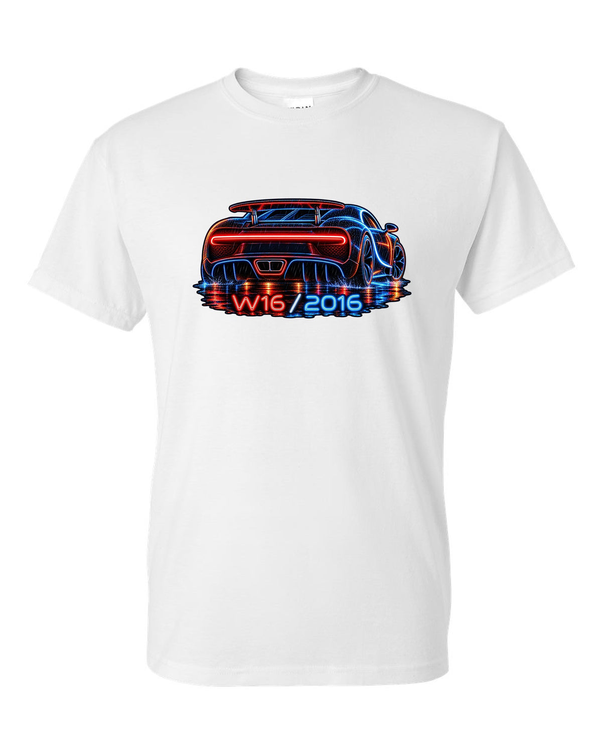 Neon sign style illustration of the Bugatti Chiron rear light bar in rain with W16 2016 lettering white t-shirt front view with the design