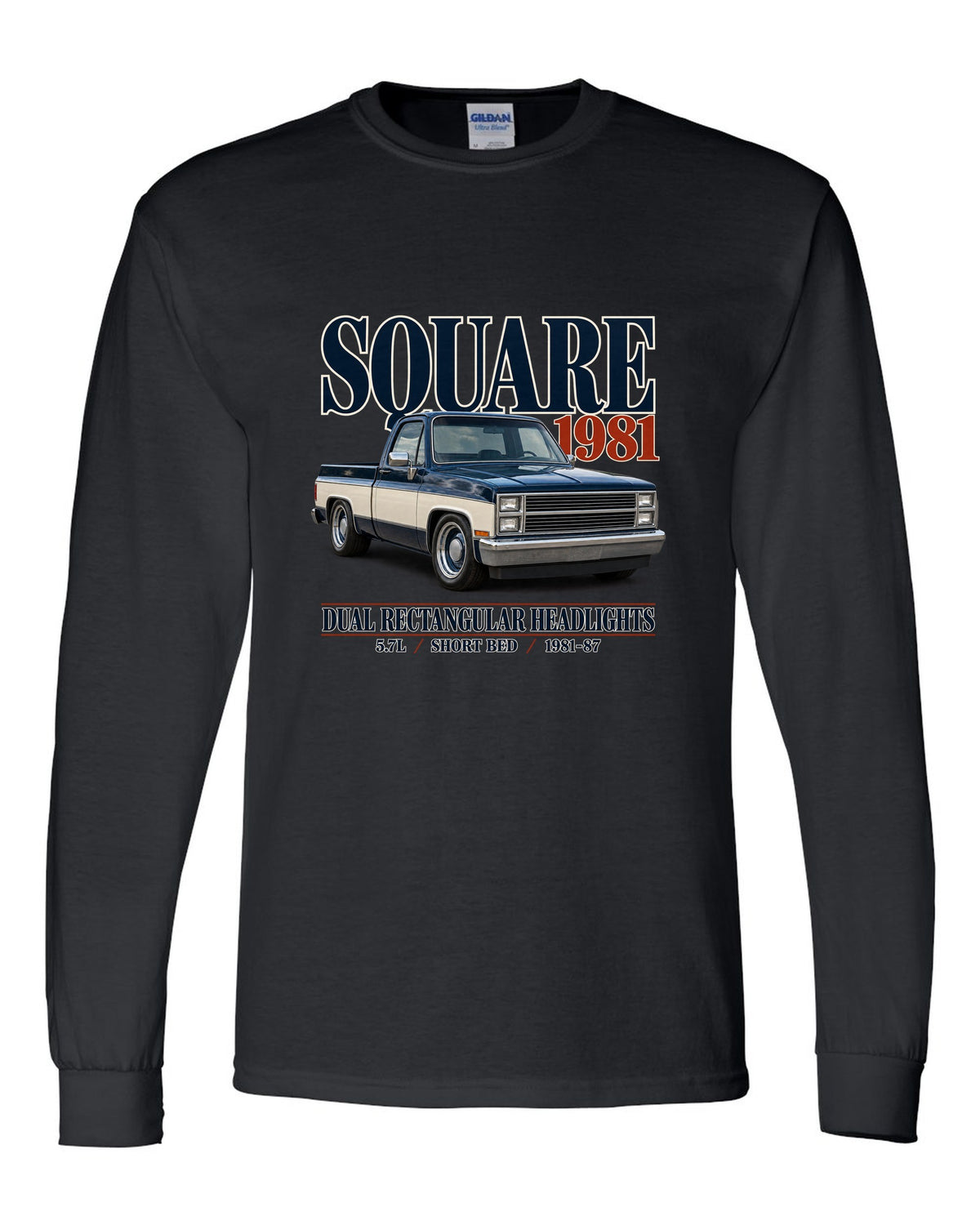 Editorial print of a 1981-87 Chevrolet C10 Squarebody in Silverado trim black long sleeve front view with the design