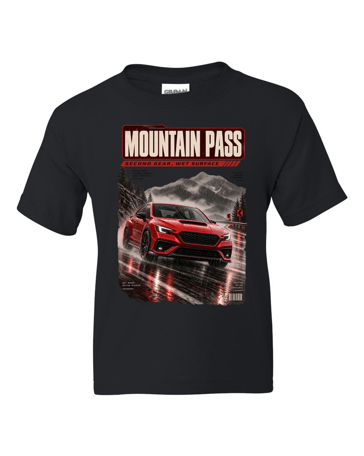 Red-orange monochrome Subaru WRX VB sedan on a wet mountain pass at night, poster-style print black kids tee front view with the design