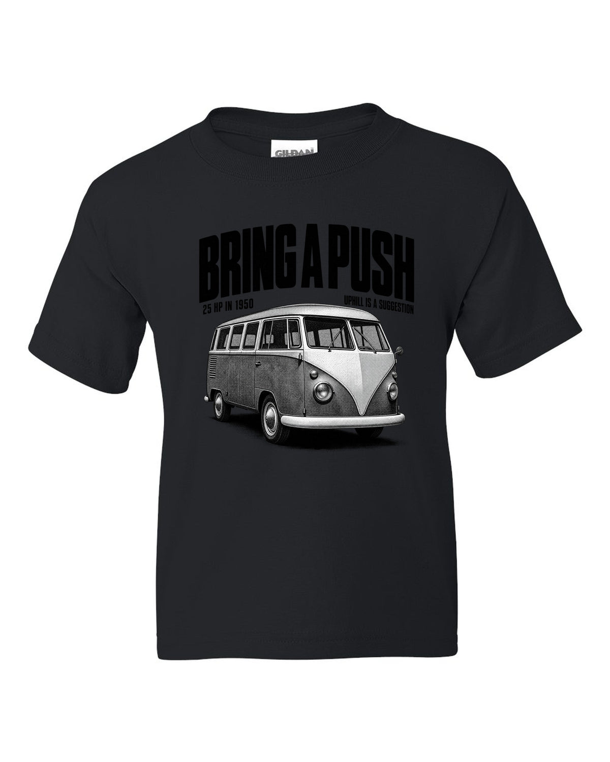 Halftone print of a VW T1 split-window microbus with bring a push text black kids tee front view with the design