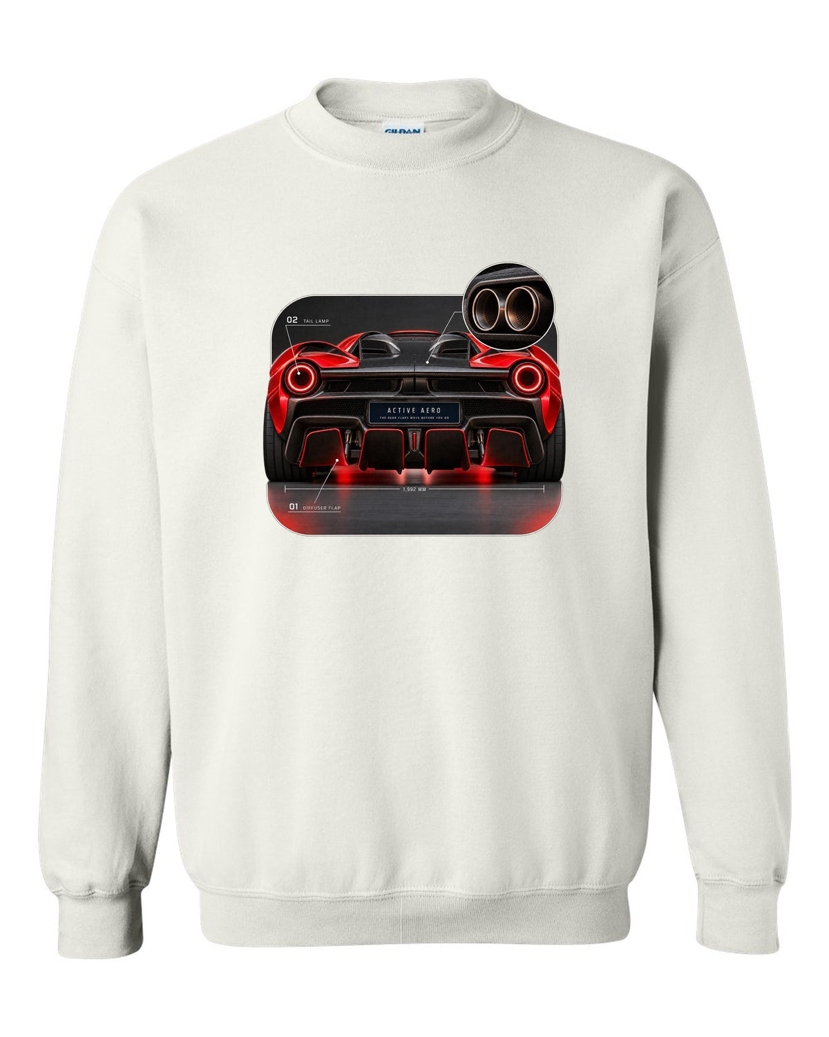 Ferrari LaFerrari taillight macro print with active aero caption white crewneck front view with the design
