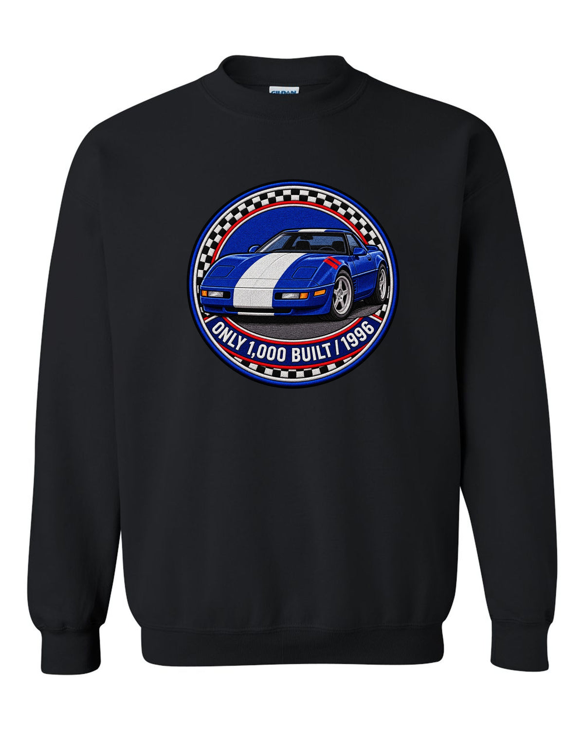 Embroidery style varsity crest print of a 1996 Chevrolet Corvette C4 Grand Sport with Only 1,000 Built text black crewneck front view with the design