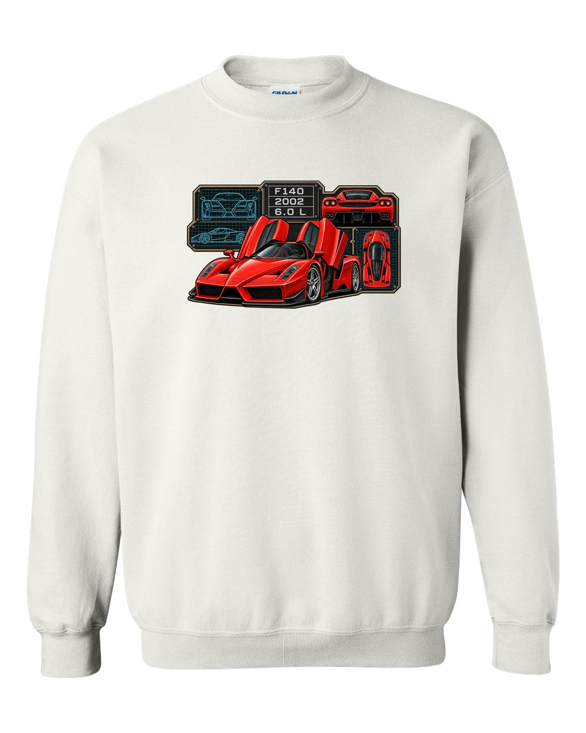 Spec-sheet data plate print of the Ferrari Enzo F140 with the text F140, 2002, 6.0 L white crewneck front view with the design
