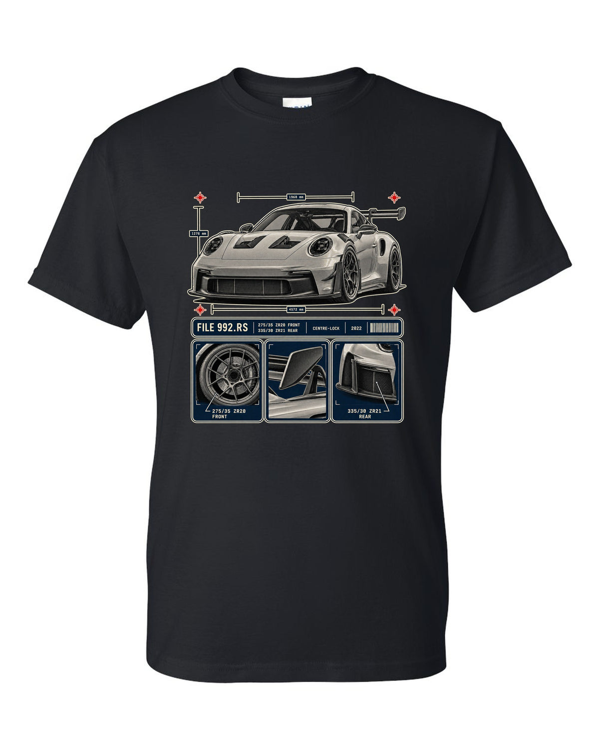 Porsche 992 GT3 RS dossier panels print design black t-shirt front view with the design