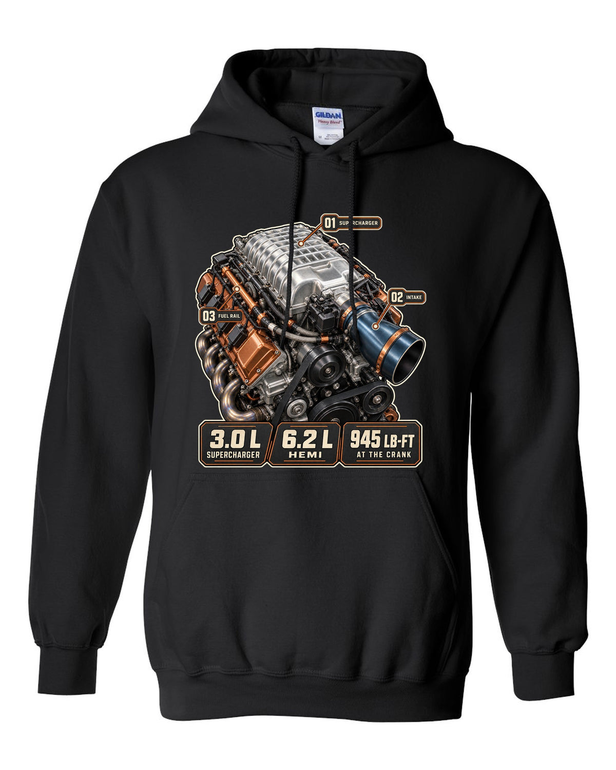 Dodge Challenger SRT Demon 170 supercharged Hemi engine hero print black pull over hoodie front view with the design