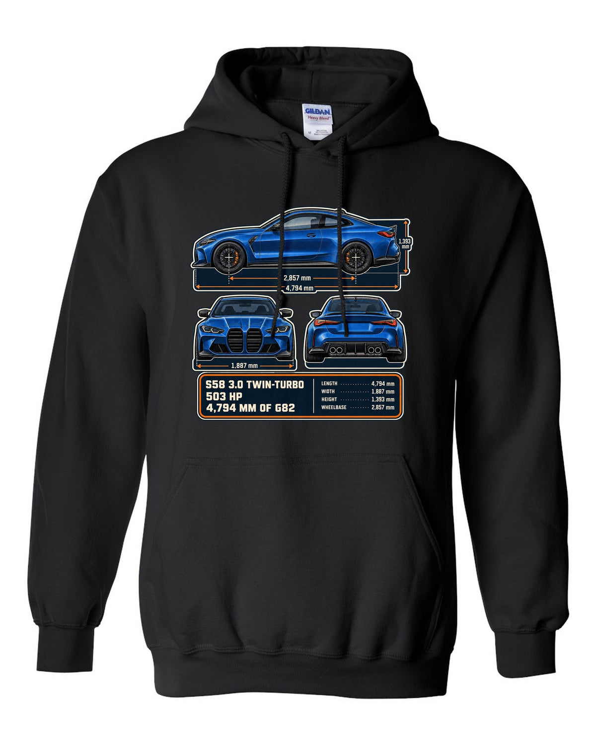 BMW M4 Competition G82 dimension blueprint print with S58 specs black pull over hoodie front view with the design