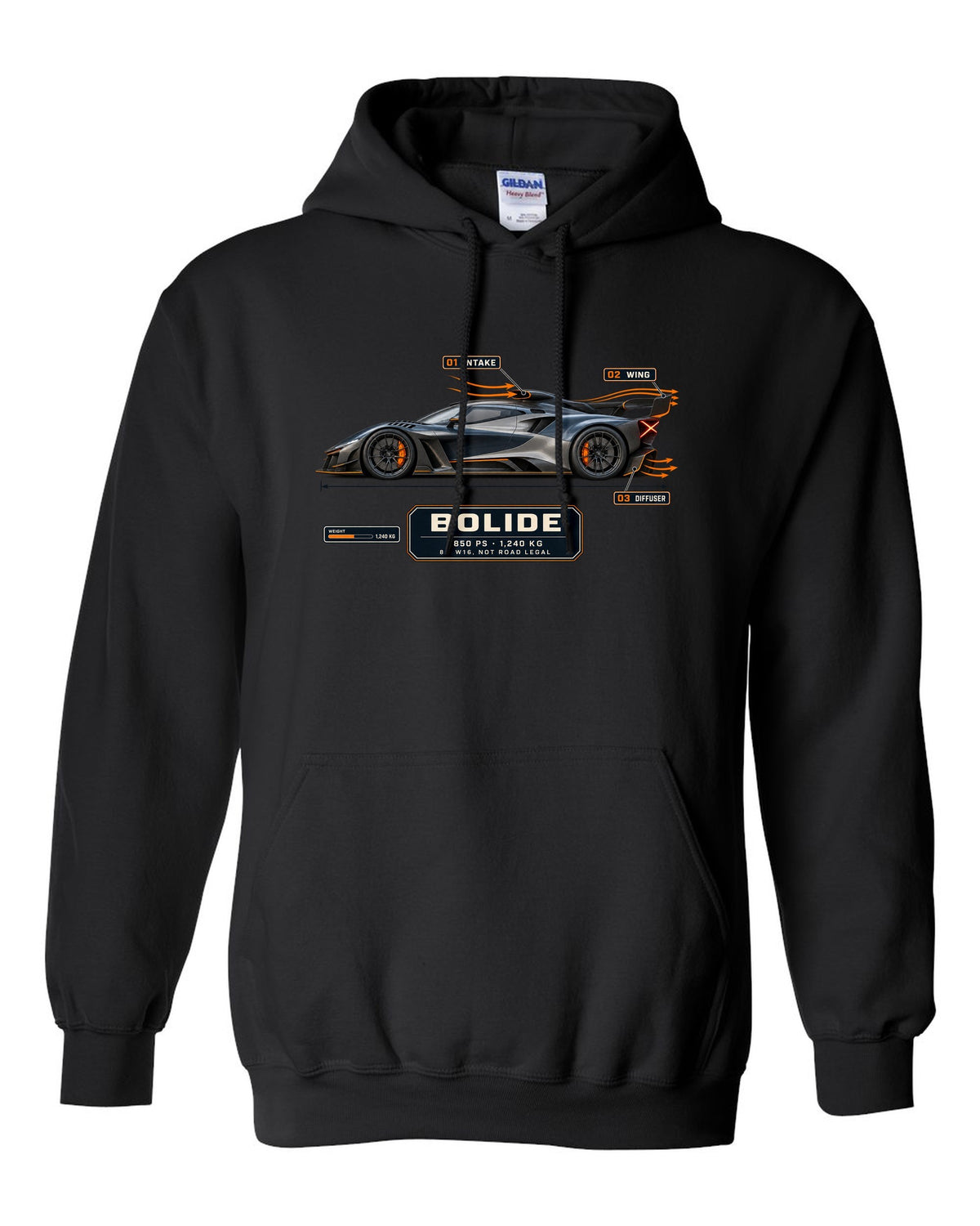 Aero callout cutaway of the Bugatti Bolide track concept, print black pull over hoodie front view with the design