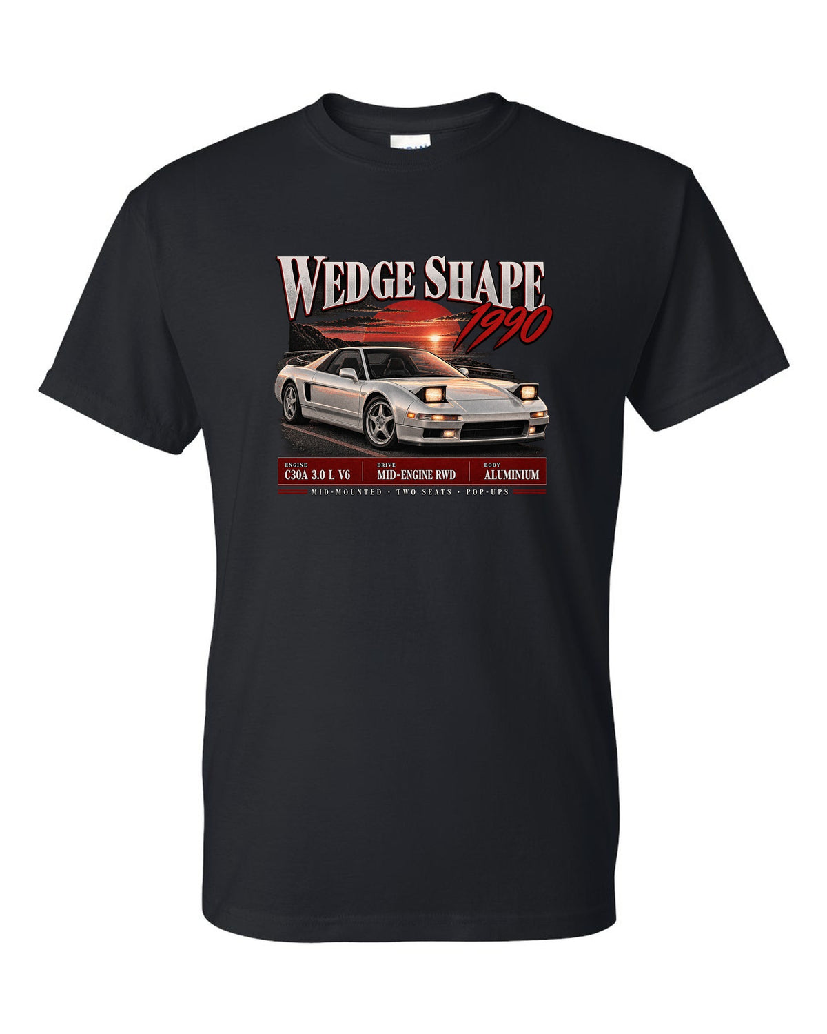 Honda NSX NA1 archive panel design with wedge shape 1990 text black t-shirt front view with the design