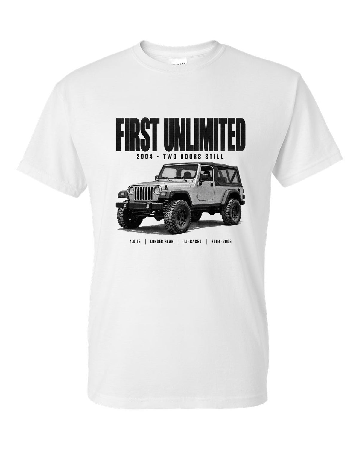 Halftone print for the Jeep Wrangler LJ Unlimited, First Unlimited 2004 white t-shirt front view with the design