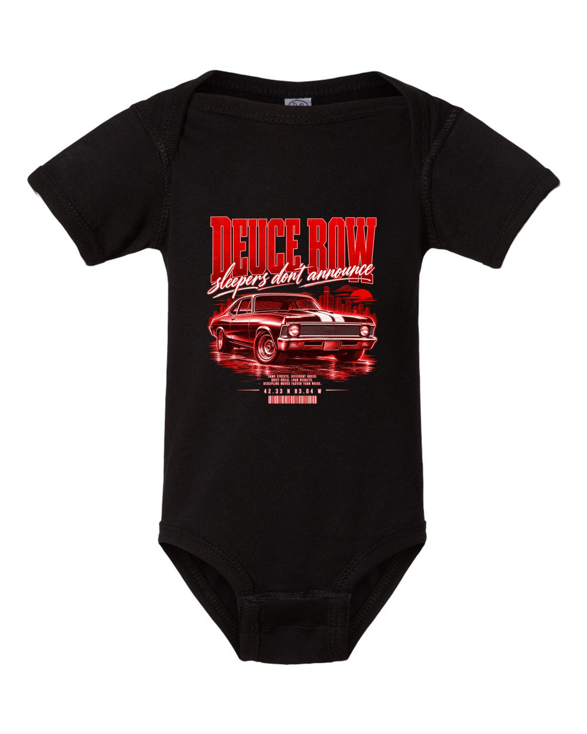 Street-poster print of a 1969 Chevrolet Nova SS with Deuce Row lettering black baby onesie front view with the design