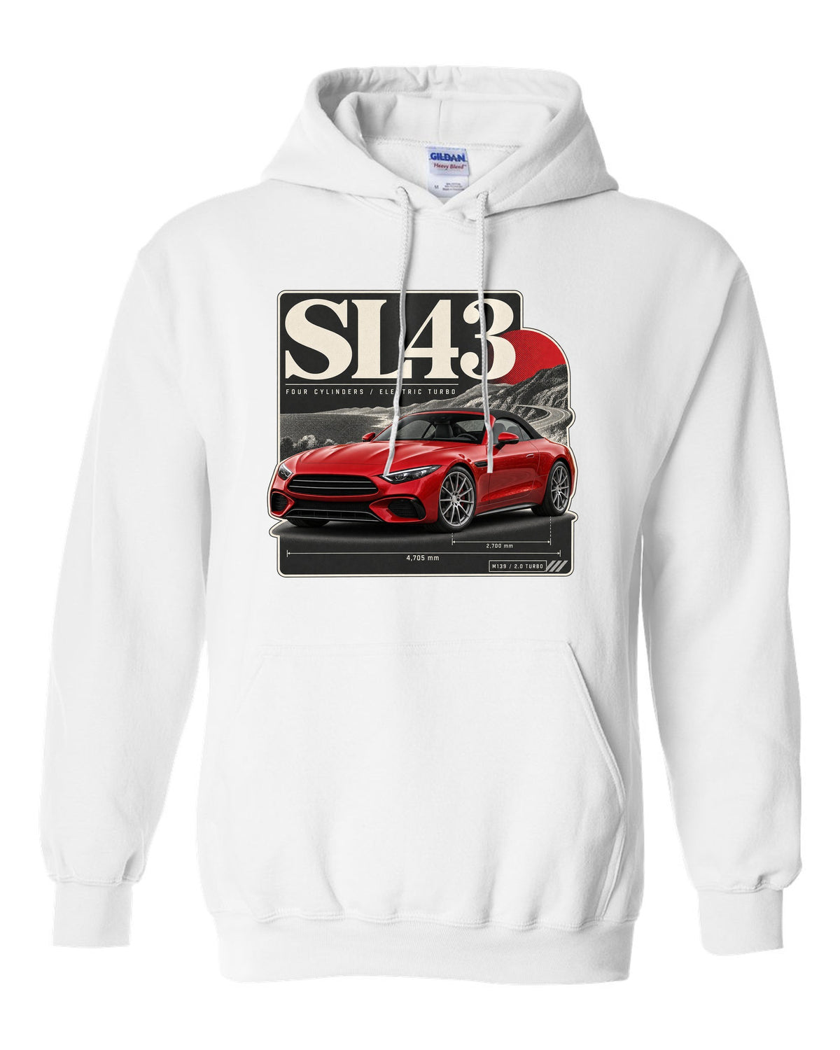 SL43 R232 Electric Turbo Editorial white pull over hoodie front view with the design
