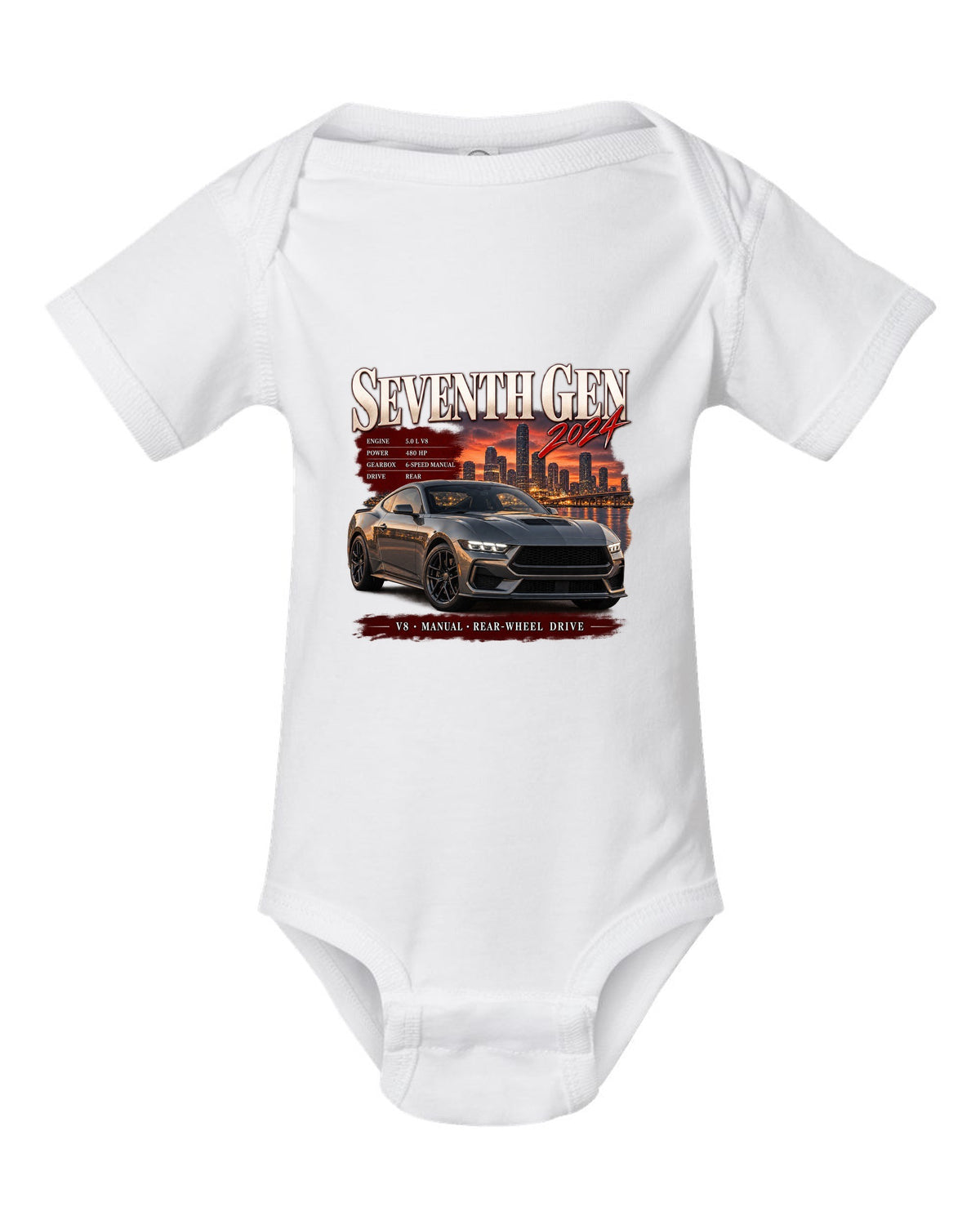 Ford Mustang S650 GT archive panel print reading Seventh Gen 2024 white baby onesie front view with the design